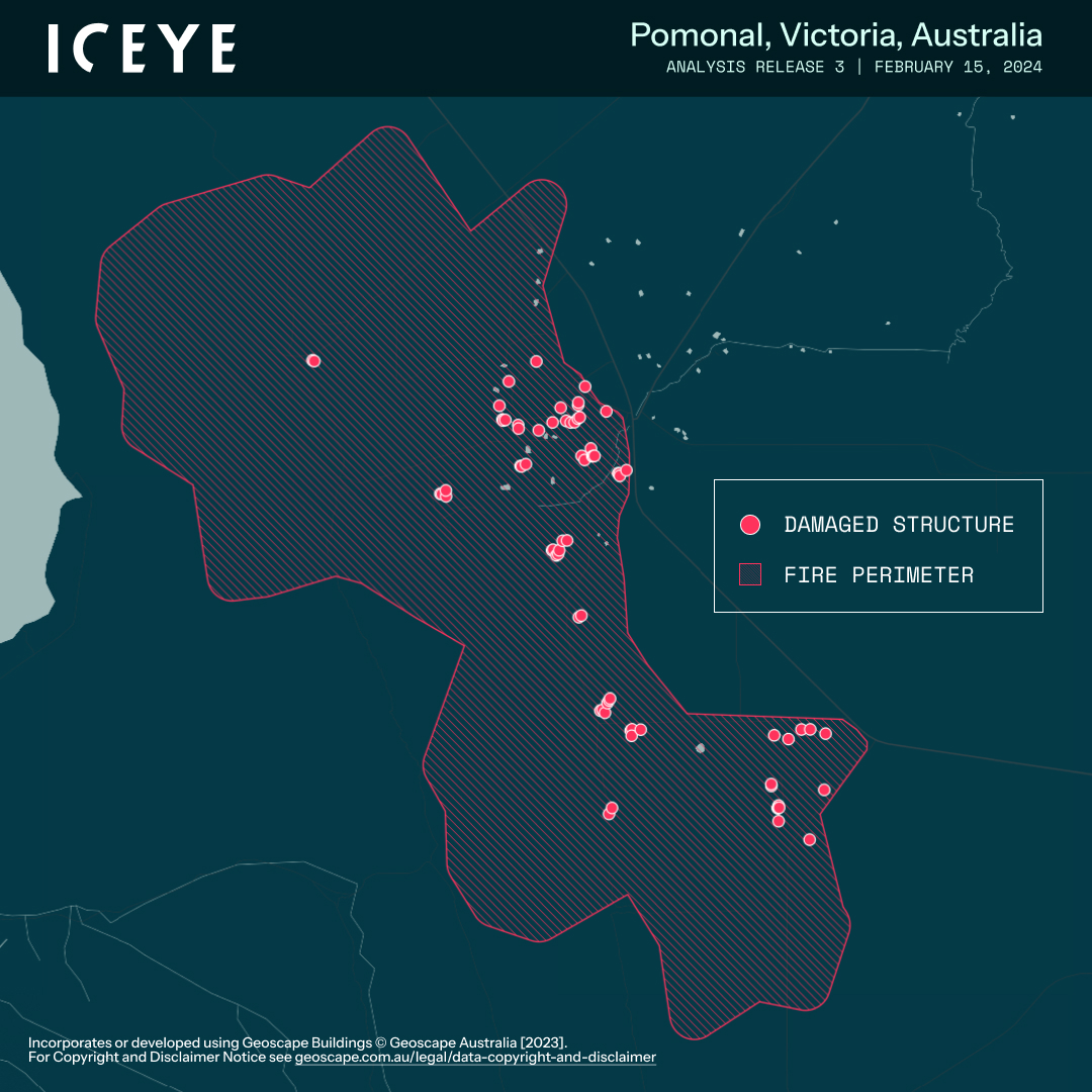 iceye_global's tweet image. We're monitoring #bushfires in Victoria, Australia, with radar satellites, delivering building-level fire impact data to customers on the ground.

Based on our recent analysis, 70+ buildings have been damaged in Pomonal.

Reach out to access the insights: hubs.li/Q02lkNlF0.