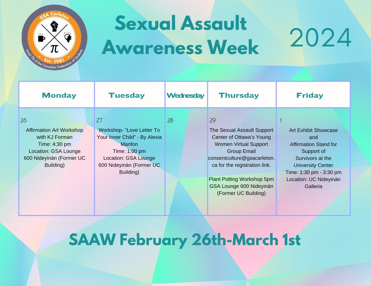 The GSA will be having Sexual Assault Awareness Week on February 26th to March 1st. Take a look at our website to learn more about the events! gsacarleton.ca/events/