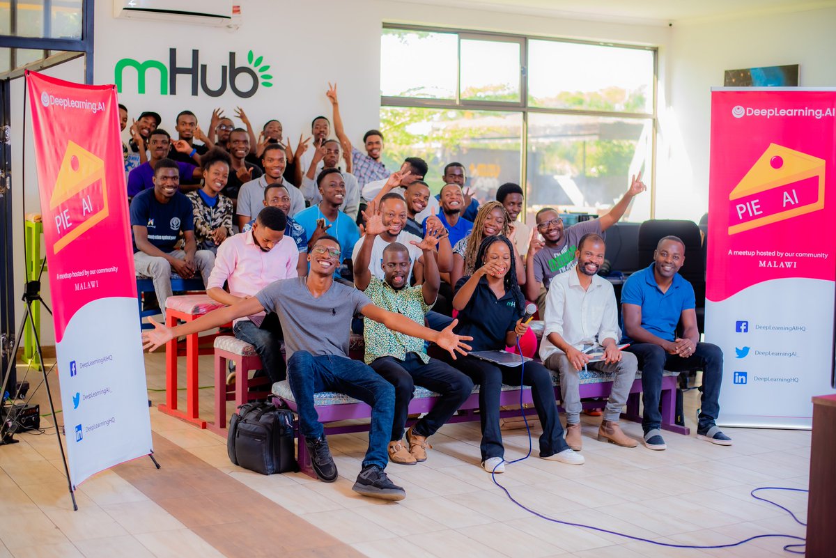 mallickm3's tweet photo. Today, I was at @mHubMW to talk about AI at our first #PieAndAI event in Lilongwe, Malawi. I am happy to be Ambassador of @DeepLearningAI_ . Upbeat. Hopeful. https://t.co/4RuKCe7SDE