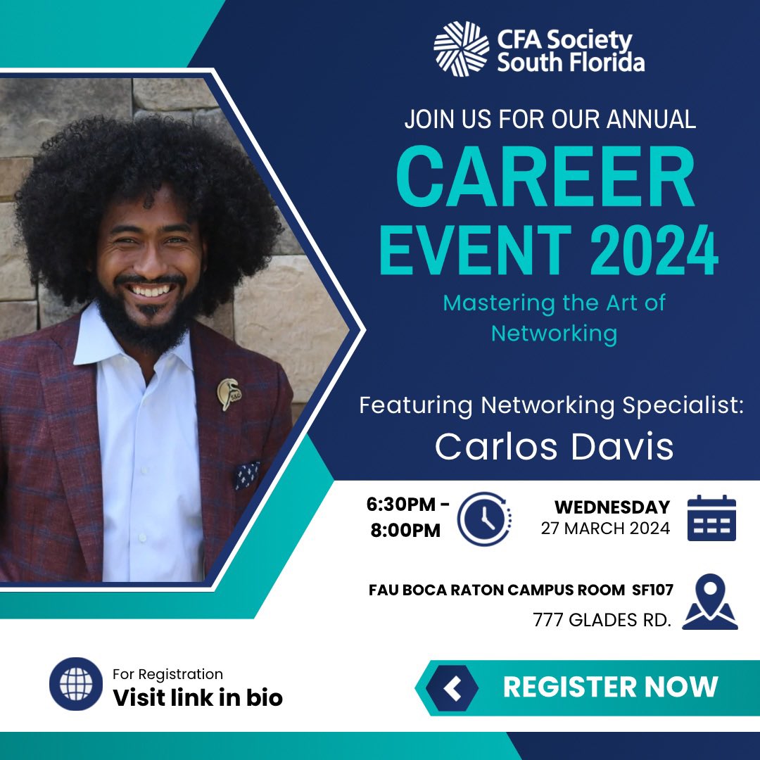 Join us for our event, Mastering the Art of Networking! 

Don't miss this opportunity to hear Carlos Davis, professional networking expert and author.

Register here: web.cvent.com/event/bd2045d7…