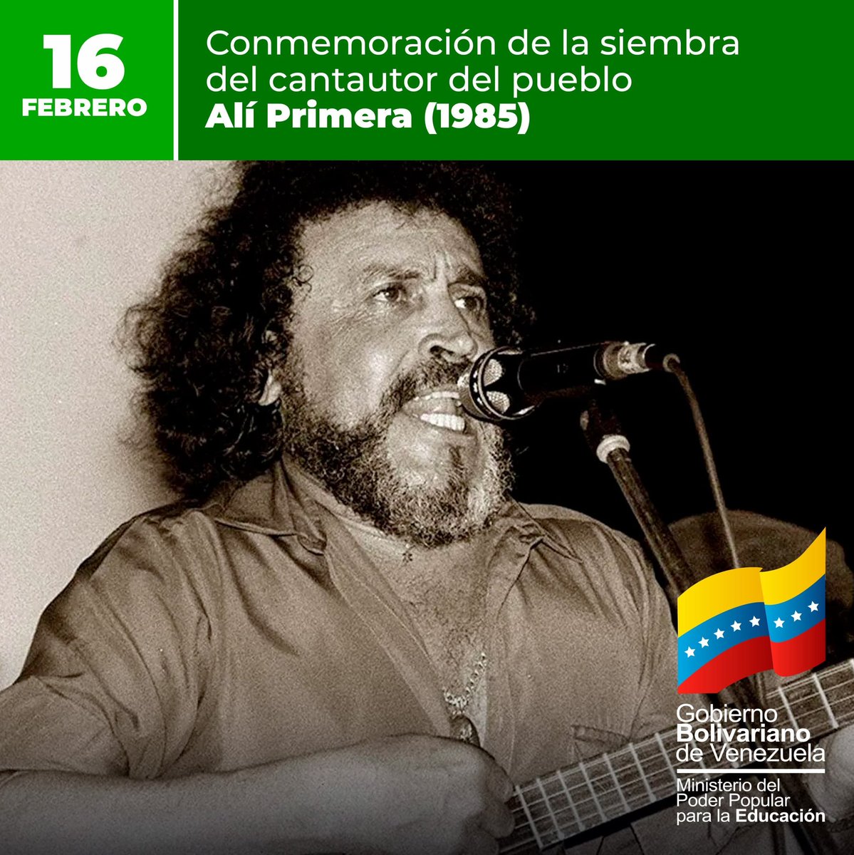 Conmemoramos los 39 años de la siembra del hombre que hizo del canto una trinchera de esperanza. La inmensidad de su voz nos sigue llenando de sentimiento popular. Alí Primera, es sinónimo de resistencia y rebeldía. @NicolasMaduro @MPPEDUCACION