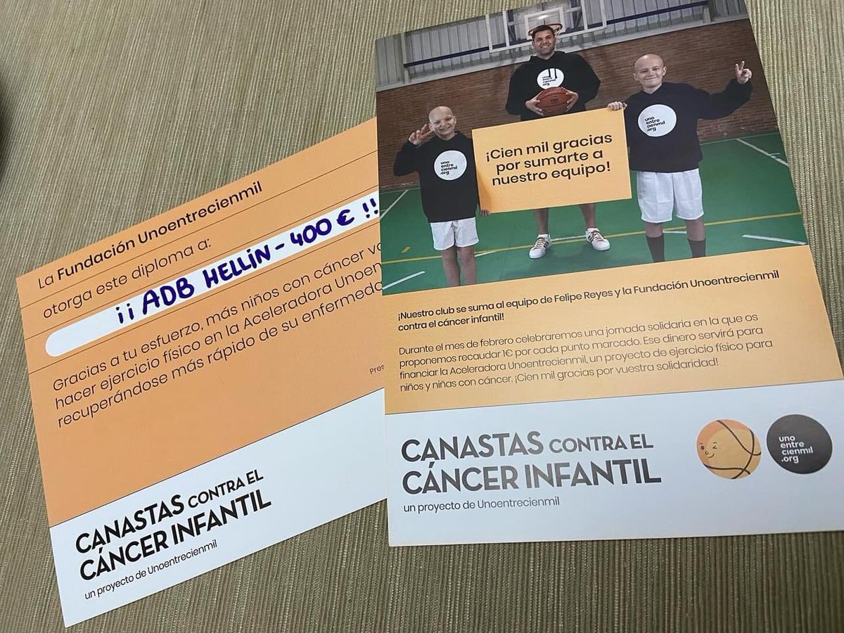 ADB_Hellin's tweet photo. 🏀🏀Canastas contra el cáncer infantil 🏀🏀
🎗️🎗️Este año nuestro Club se ha sumado a la maravillosa iniciativa de la Fundación @unoentrecienmil, @9FelipeReyes , recaudando 400 💶💶 euros
🎗️Gracias de ❤️ a los ⛹️♀️⛹🏻♂️🏀que habéis colaborado
#ADBHellin https://t.co/CVglWI6c4k