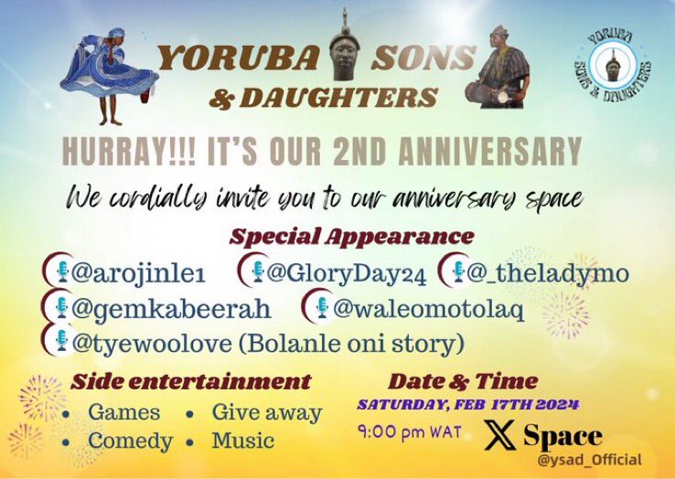 It’s our anniversary once again beautiful people, we invite you to come space with us to celebrate and share the experience of learning about our wonderful heritage from our intriguing guest speakers. We promise to be fun and educative. Kindly set a reminder and help retweet.