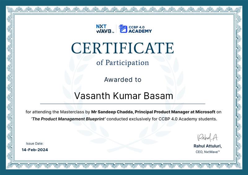 VasanthKumarBa7's tweet photo. Hey Folks!

I was awarded a certificate of participation for attending the Masterclass by Mr.Sandeep Chadda Sir, Principal Product Manager at Microsoft on 'The Product Management Blueprint'

My sincere thanks go out to NxtWave and Sandeep Chadda Sir.

@nxtwave_tech @sandeepchads https://t.co/gPys0V2gyv