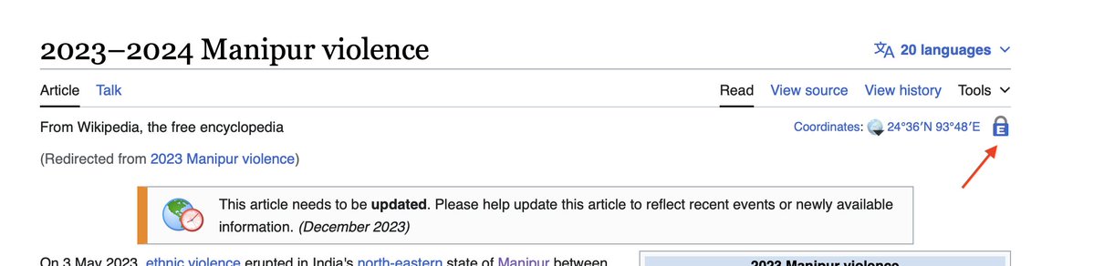 Hello Kangleichas,

As you may be aware, .@kautilya33 has vandalized all wikipedia pages related to the Manipur Violence by spinning a one-sided narrative and demonizing Meiteis.

He has also locked the pages so that Meiteis cannot edit. You can see a blue lock at the top right