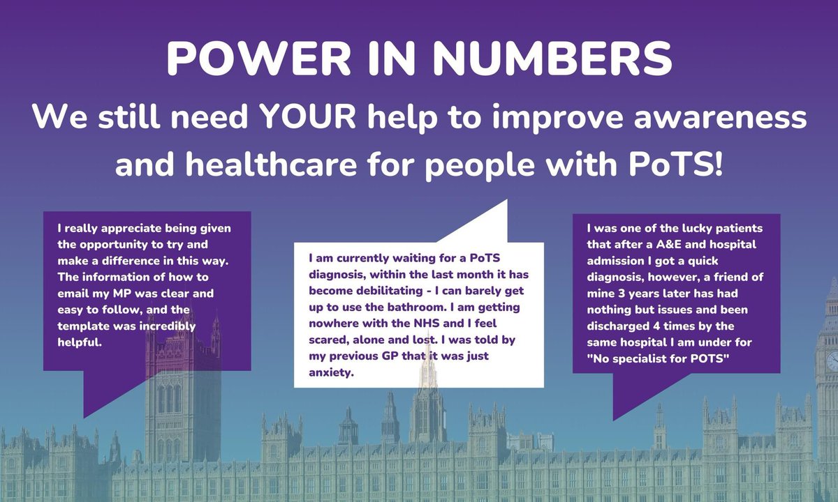 Please take this opportunity to write to/email your #MP to improve awareness & healthcare for people with #PoTS potsuk.org/parliamentary-… 'The pre-written letter & suggested prompts from PoTS UK made writing to my MP a really simple & quick process'. Thank you for your support 🙌🏻