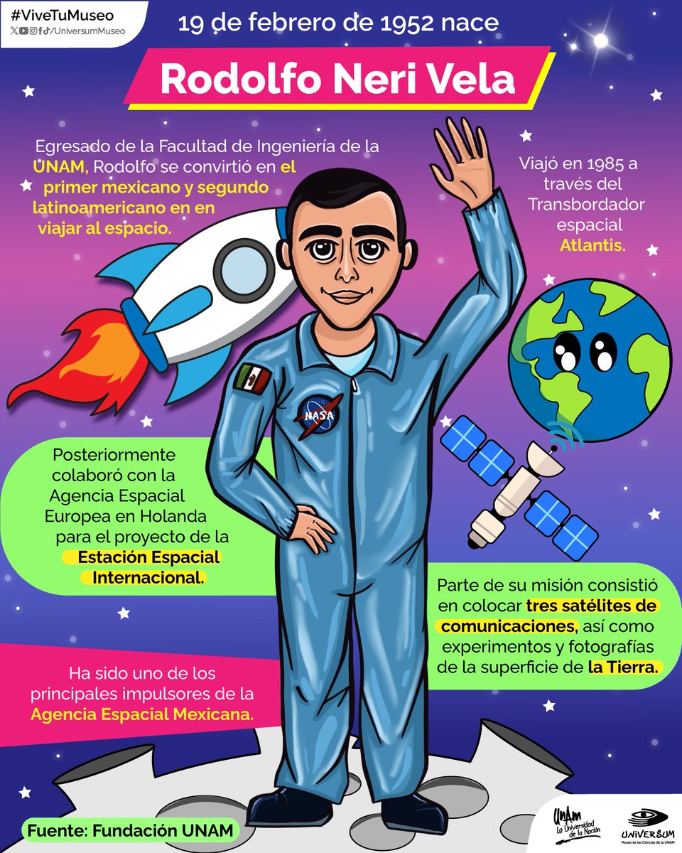 UniversumMuseo's tweet photo. #UnDíaComoHoy nace Rodolfo Neri Vela 👩🏽‍🚀

¡El primer mexicano en viajar al espacio! 🚀🇲🇽🤩

#ViveTuMuseo https://t.co/h7GvEwW5R3