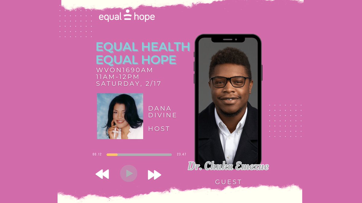 DrChukaEmezue's tweet photo. Thrilled to be a guest on Equal Hope, Equal Health for All @equalhope_il on WVON1690AM talk radio tomorrow, Feb 17th, from 11:01am-12pm! Join us for an insightful discussion on youth violence prevention. Don't miss out!🎙️#EqualHealthForAll #TuneIn #RUSHPRide https://t.co/p3aBmz5yjq