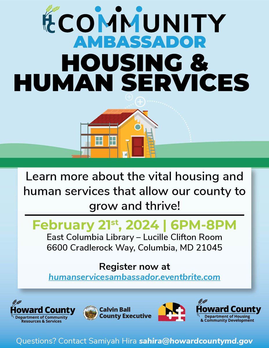 Our new Community Ambassador cohort is in full swing! 

Join them on Wed. 2/21 at 6pm at the East Columbia Library! Ambassadors will be learning from the experts in our departments of <a href="/HoCoHousing/">HoCo Housing ComDev.</a> <a href="/HoCoCommunity/">hococommunity</a> and Social Services.

Register now at humanservicesambassador.eventbrite.com