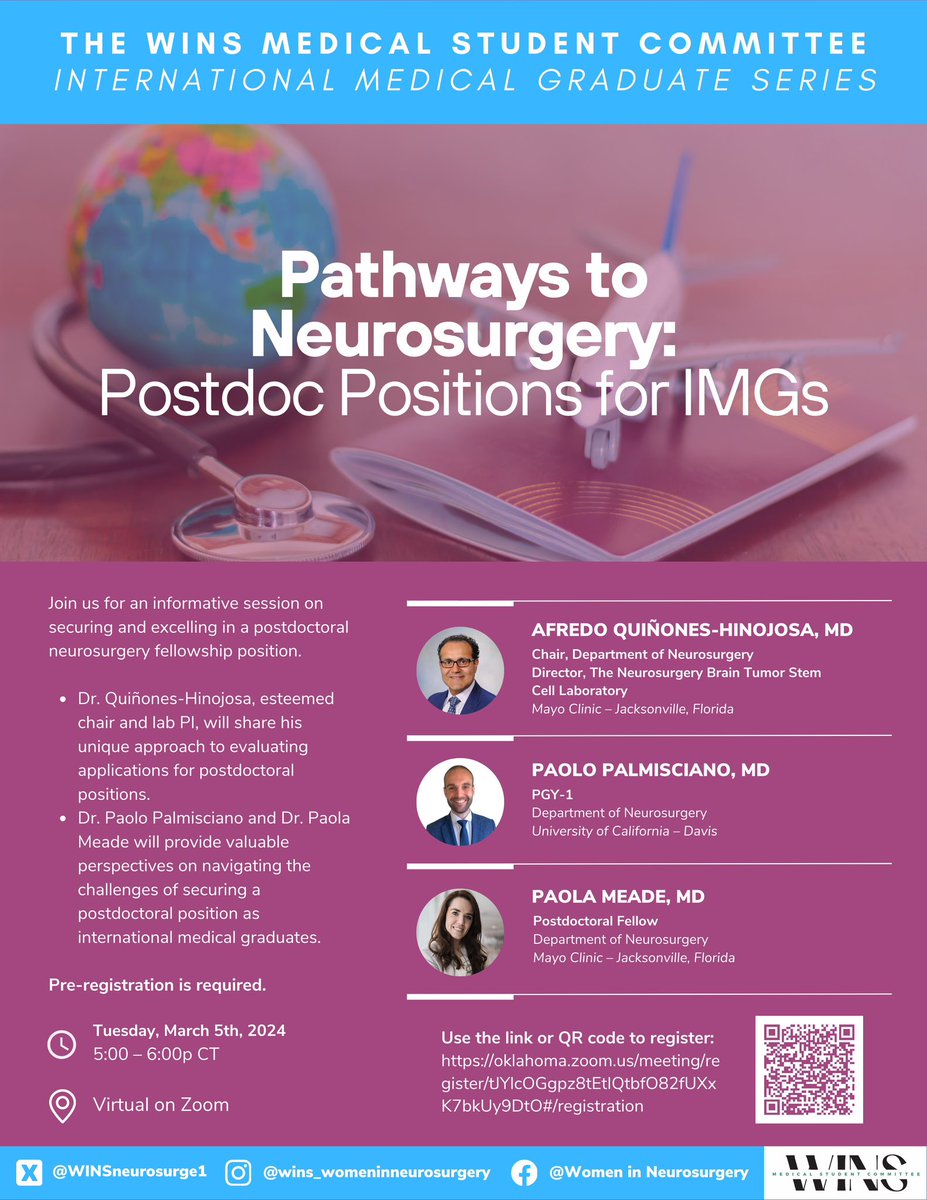 WomenInNSGY's tweet image. Our event on navigating #neurosurgery postdoc positions as an #IMG is set for March 5th! 🧠 Join Dr. Quiñones-Hinojosa @DoctorQMd, Dr. Palmisciano @PaoloPalmiscia1, and Dr. Meade @paosmeade in two weeks for valuable insights. See you there! 

#WomenInNeurosurgery