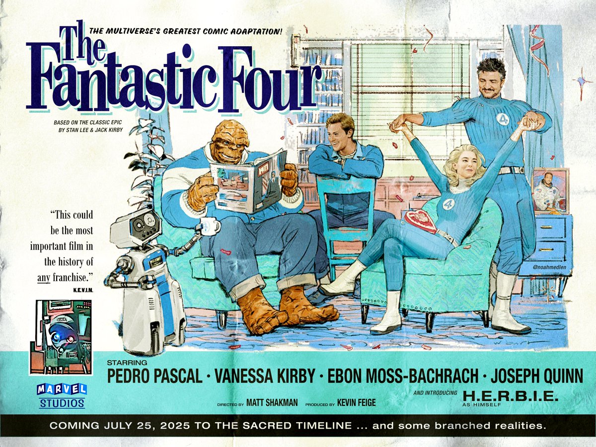 noahmedlen's tweet photo. I LOVE the @MarvelStudios @FantasticFour promo art by @wesburt &amp; @MeinerdingArt. Totally feels like a Robert McGinnis throwback. Wished I could see it in vintage movie poster form ... so I made one. 😀 #FantasticFour #Fantastic4 https://t.co/KVXXhKtX42