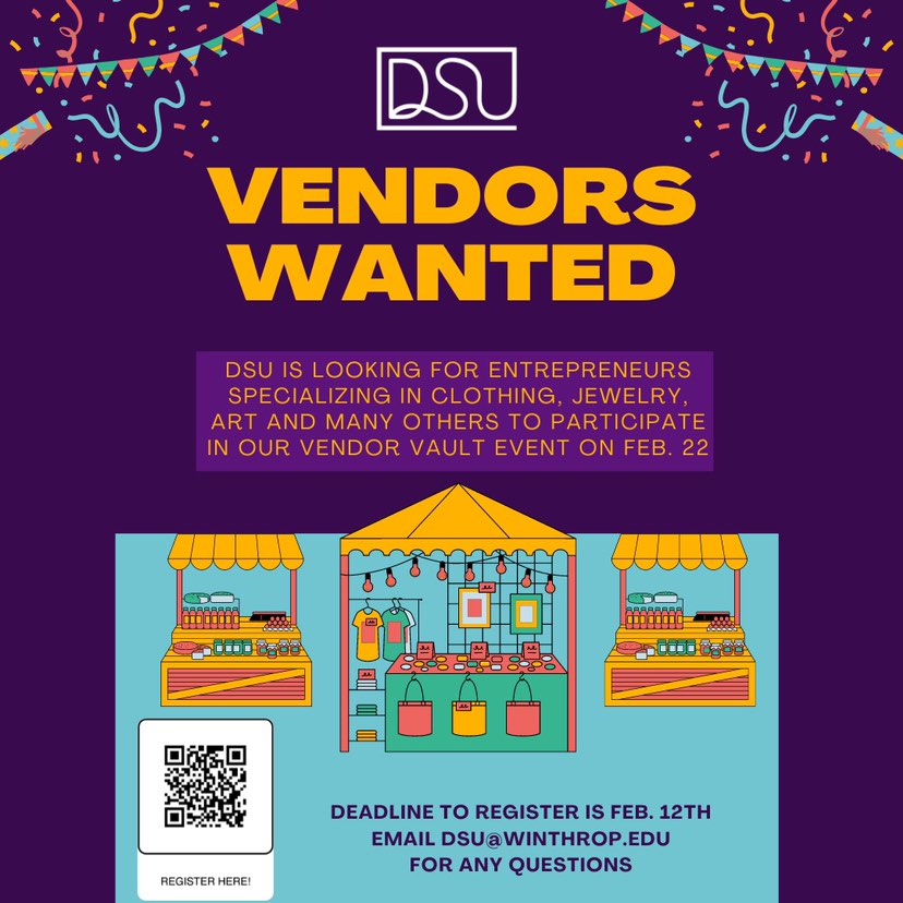 Visit York County (@visityorkcounty) on Twitter photo *VENDORS WANTED*
Winthrop DSU is still taking applications for their Vendor Vault event on Feb. 22nd, 2024.
Any entrepreneurs specializing in clothing, jewelry, art, etc. please submit an application through a google form here: docs.google.com/forms/d/e/1FAIโฆ
<a href="/winthropu/">Winthrop University</a> <a href="/WinthropDSU/">Winthrop DSU</a> *VENDORS WANTED*
Winthrop DSU is still taking applications for their Vendor Vault event on Feb. 22nd, 2024.
Any entrepreneurs specializing in clothing, jewelry, art, etc. please submit an application through a google form here: docs.google.com/forms/d/e/1FAIโฆ
<a href="/winthropu/">Winthrop University</a> <a href="/WinthropDSU/">Winthrop DSU</a>