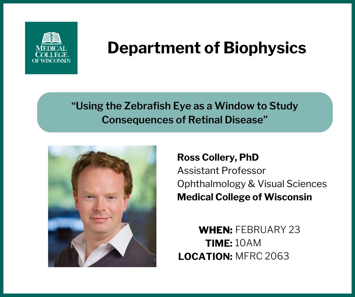 TOMORROW @ 10AM

Join the Biophysics Dept. at MCW for their upcoming seminar by NRC Member, Dr. Ross Collery: “Using the #Zebrafish Eye as a Window to Study Consequences of #RetinalDisease”!

🐟🧠👀
