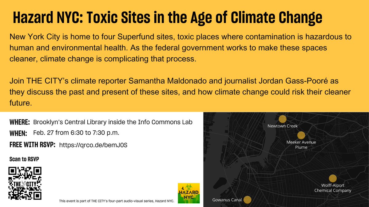 Join us at the Brooklyn Central Branch where @THECITYNY’s @sssmaldo and independent journalist @jgasspoore discuss NYC’s Superfund sites — and what’s at stake if the clean-up process is complicated by climate change. FREE with RSVP: eventbrite.com/e/hazard-nyc-a…