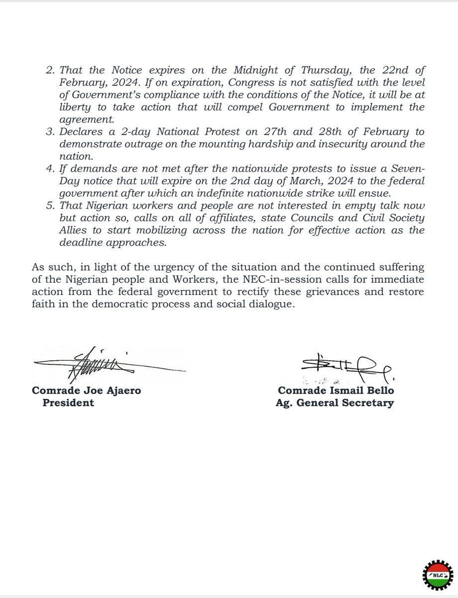 NLCHeadquarters's tweet image. COMMUNIQUE AT THE END OF THE NATIONAL EXECUTIVE COUNCIL (NEC) MEETING OF THE NIGERIA LABOUR CONGRESS (NLC) HELD ON FRIDAY, THE 16TH DAY OF FEBRUARY 2024.