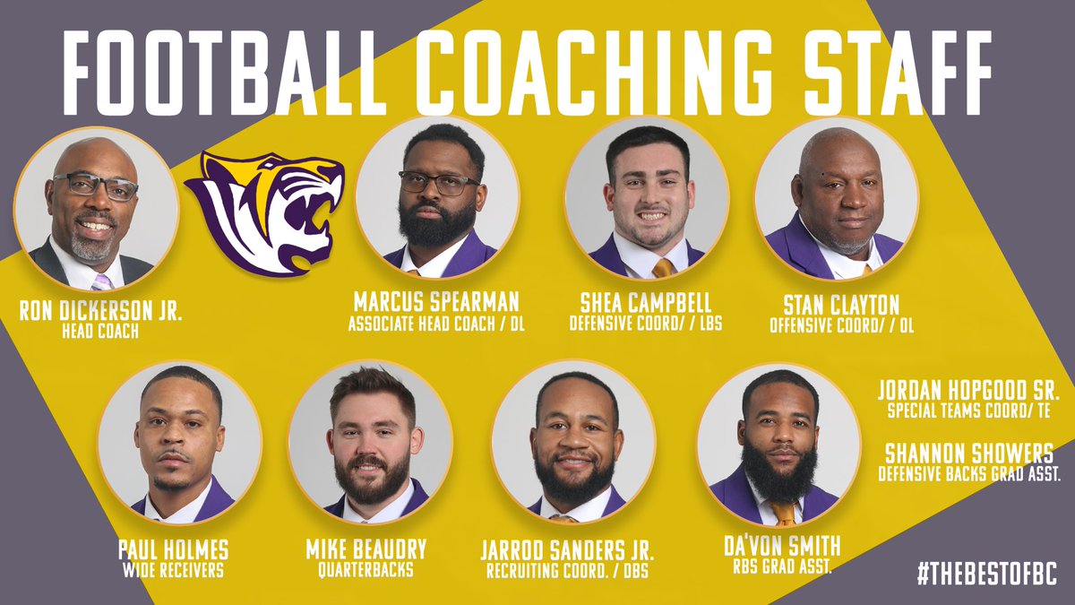 BC Tigers Athletics (@benedict_tigers) on Twitter photo Benedict head coach Ron Dickerson Jr. announces his staff for the Tigers. Welcome! #TheBestofBC <a href="/AlwaysM12/">Marcus Spearman</a> <a href="/CoachCampBC/">Shea Campbell</a> <a href="/CoachClayton75/">Stan Clayton</a> <a href="/CoachHolmes5/">Coach Paul Holmes</a> <a href="/CoachBeaudry/">Mike Beaudry</a> <a href="/CoachJSand21k/">Jarrod Sanders Jr.</a> <a href="/DaVonSmith11/">Coach Smith🙏🏾</a> <a href="/Coach_Hop4/">Coach Jordan Hopgood, Sr.</a> <a href="/1kshake/">m_1kshake</a> Benedict head coach Ron Dickerson Jr. announces his staff for the Tigers. Welcome! #TheBestofBC <a href="/AlwaysM12/">Marcus Spearman</a> <a href="/CoachCampBC/">Shea Campbell</a> <a href="/CoachClayton75/">Stan Clayton</a> <a href="/CoachHolmes5/">Coach Paul Holmes</a> <a href="/CoachBeaudry/">Mike Beaudry</a> <a href="/CoachJSand21k/">Jarrod Sanders Jr.</a> <a href="/DaVonSmith11/">Coach Smith🙏🏾</a> <a href="/Coach_Hop4/">Coach Jordan Hopgood, Sr.</a> <a href="/1kshake/">m_1kshake</a>