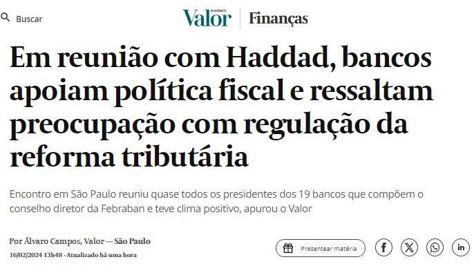 Haddad faz sucesso com bancos: “De forma geral, Haddad falou sobre as medidas fiscais, ... E recebeu forte apoio do setor bancário, que destacou seu papel no governo, em meio a pressões por aumento de gastos de todos os lados.”. Claro! Seu arcabouço não limita o gasto com juros!