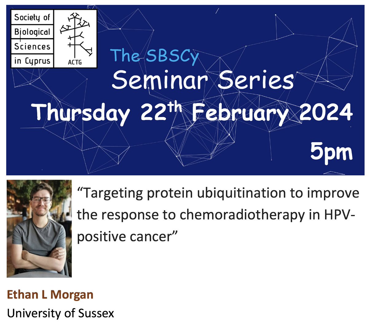 βιος-Society of Biological Sciences in Cyprus (@sbscyp) on Twitter photo Dear Members,
Don’t miss out the first seminar in our 2024 Seminar Series by Dr Ethan L Morgan <a href="/EthanLMorgan/">Ethan Morgan</a> from the University of Sussex!
You have received the Zoom link by email!
See you there! Dear Members,
Don’t miss out the first seminar in our 2024 Seminar Series by Dr Ethan L Morgan <a href="/EthanLMorgan/">Ethan Morgan</a> from the University of Sussex!
You have received the Zoom link by email!
See you there!