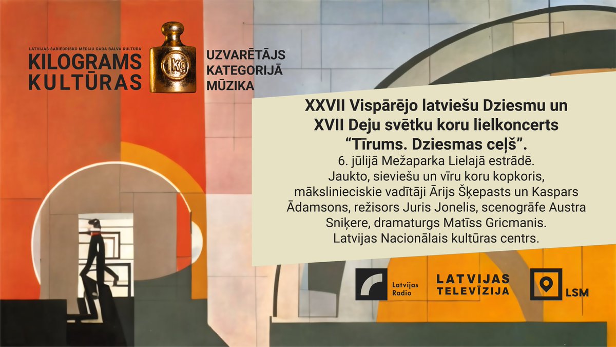 100g kultūras (@100gkulturas) on Twitter photo Kategorijā “MŪZIKA” balvu saņem Vispārējo latviešu dziesmu un deju svētku koru lielkoncerts “Tīrums. Dziesmas ceļš”.
#KilogramsKultūras2023
<a href="/Dziesmu_svetki/">Dziesmu svētki</a> Kategorijā “MŪZIKA” balvu saņem Vispārējo latviešu dziesmu un deju svētku koru lielkoncerts “Tīrums. Dziesmas ceļš”.
#KilogramsKultūras2023
<a href="/Dziesmu_svetki/">Dziesmu svētki</a>