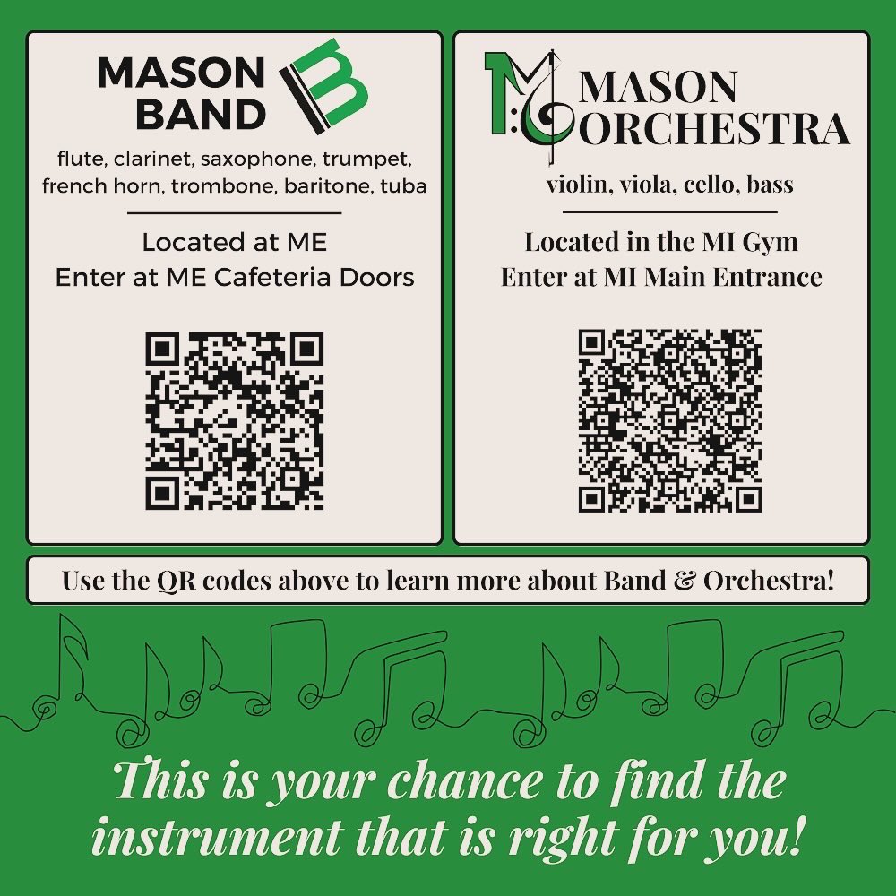 5th Grade Families, you are invited to the Instrument Fair on Saturday, March 9th! This is your chance to try out the different instruments offered in the 6th grade Band &amp; Orchestra programs and find the instrument that is right for you! <a href="/MasonSchools/">Mason City Schools</a> <a href="/principalmesser/">Eric Messer</a>