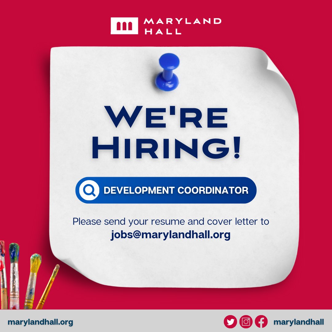 Maryland Hall is in search of a Development Coordinator! 

For additional details, please visit the 'About' section on our website. We invite all interested candidates to send their required documents to jobs@marylandhall.org

Join the team committed to promoting #ArtforAll! 🎭