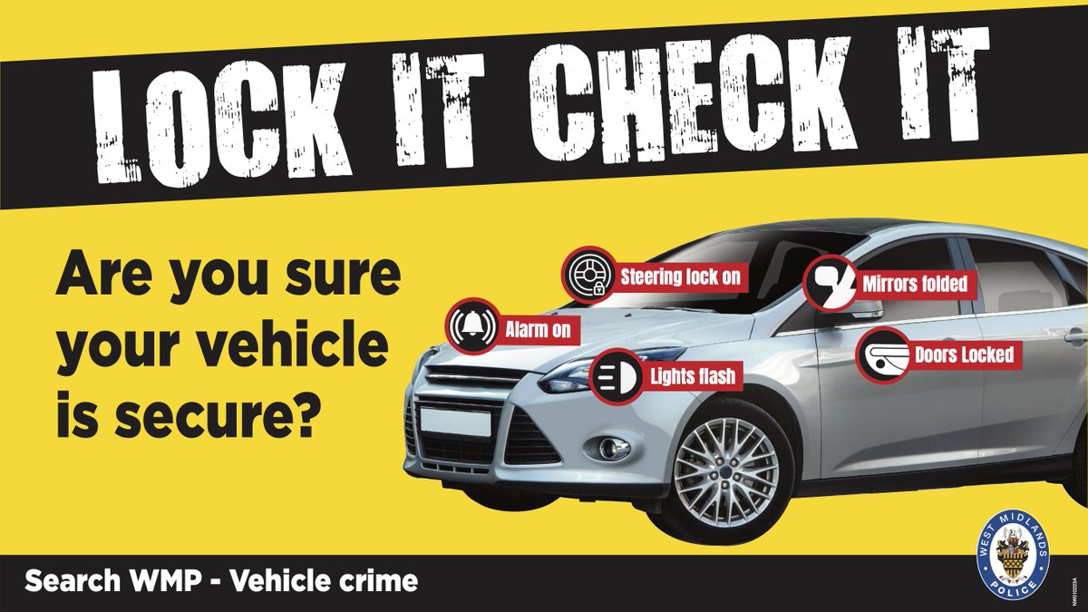 Help us put the brakes on car thieves in your area ⛔ 📍 Install a vehicle tracker to keep an eye on its location 🔒 Add a steering lock for a visual deterrent 🚨 Check your fob has done its job More tips on how to secure your vehicle ▶️h ow.ly/s73G50QBBE8 #WMPsafer