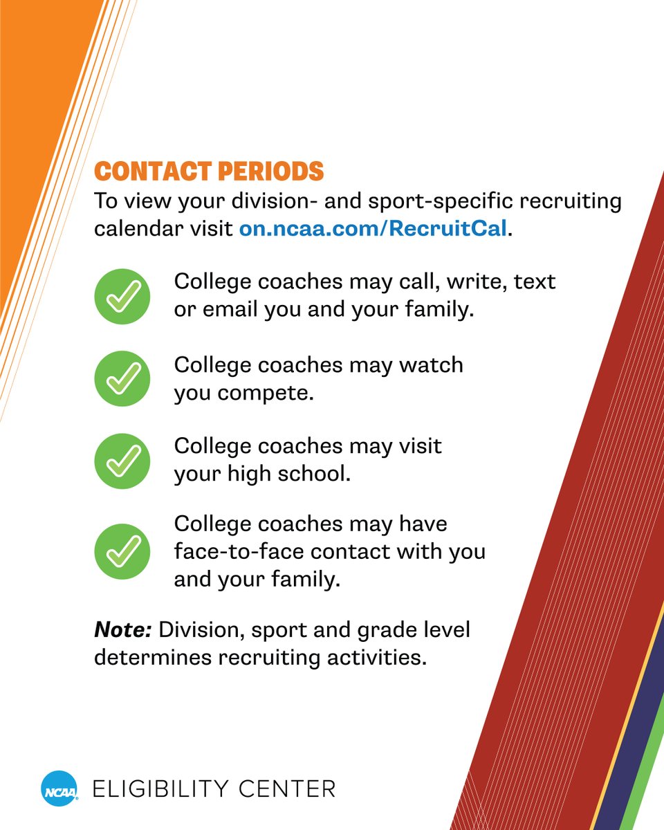 What can happen during contact periods? Review your @NCAA division- and sport-specific recruiting calendar. 🔗 on.ncaa.com/RecruitingCal