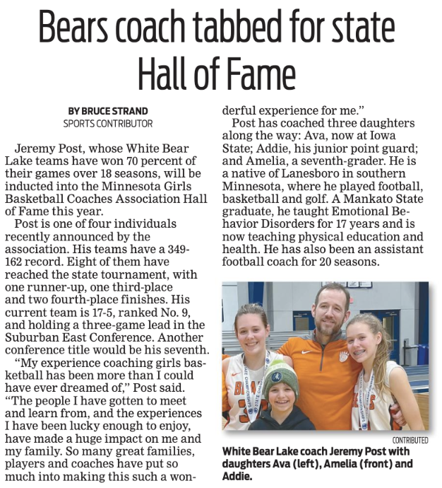 isd624's tweet photo. #624Fact - WBLAHS Girls' Basketball Coach Jeremy Post recently highlighted by WB Press for upcoming induction into MN Girls Basketball Coaches Association Hall of Fame. Go Bears! https://t.co/CqIqrWG12Q