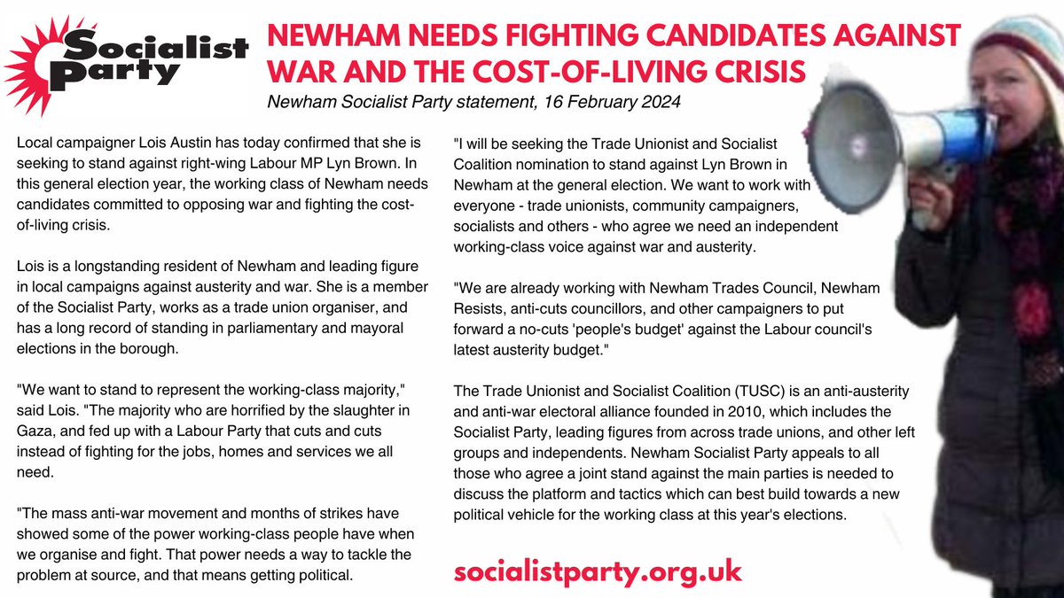Newham campaigner Lois Austin seeks to stand against Labour's Lyn Brown. 'We want to represent the working-class majority horrified by Gaza, fed up with a Labour Party that cuts and cuts - we want to work with everyone who agrees' <a href="/NewhamIndParty/">Newham Independents 💛</a> <a href="/RachaelBurford/">Rachael Burford</a> <a href="/NewhamRecorder/">Newham Recorder</a>