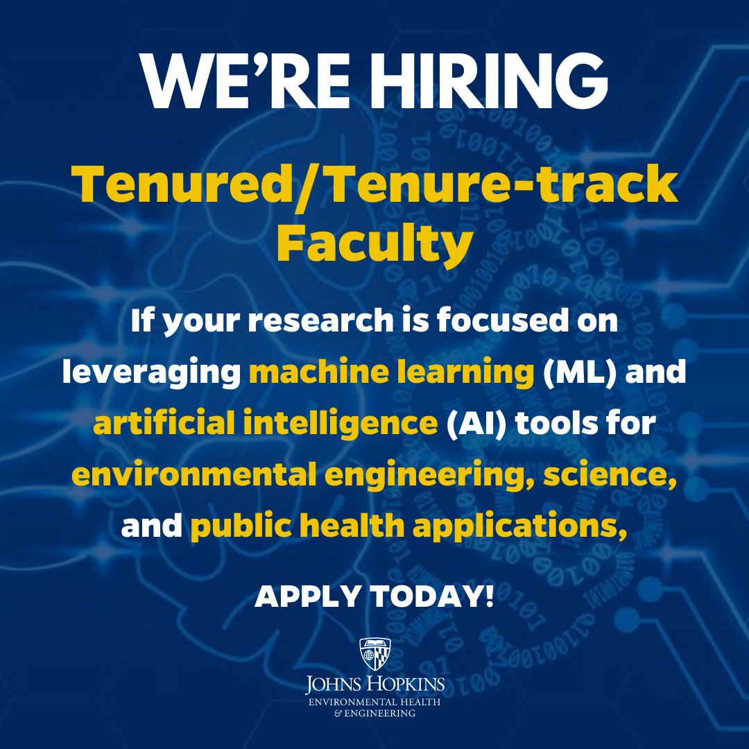 .@JohnsHopkinsEHE is hiring! Apply today to join our cross-divisional department and team of renowned faculty! ow.ly/vU4R50QE451 @HopkinsEngineer #ArtificialIntelligence #MachineLearning