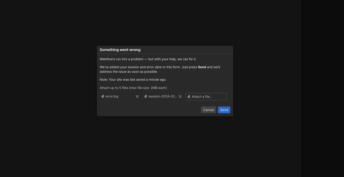 dj_haskins's tweet photo. @WebflowSupport This error message has been happening for 4 hours straight. Deadline missed.... thanks Webflow https://t.co/4XpLFu6cnz