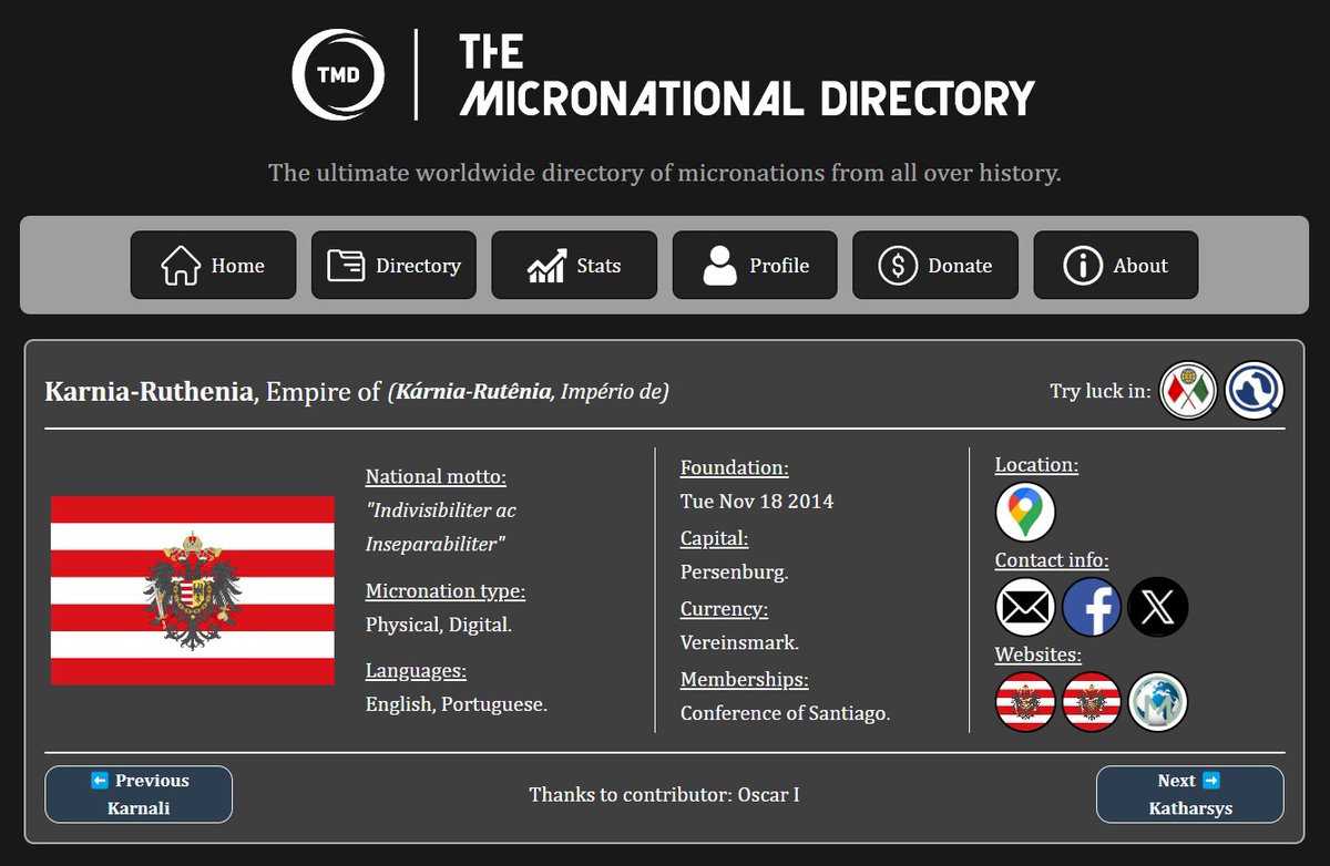 We are happy to inform about a new feature coming soon to TMD! Micronation entries will now have profiles accesible via their own URL (/directory/name). This way, information can be easily shared by micronations and enthusiasts alike. 
Featuring <a href="/KarniaRuthenia/">Karnia-Ruthenia</a> in example.
