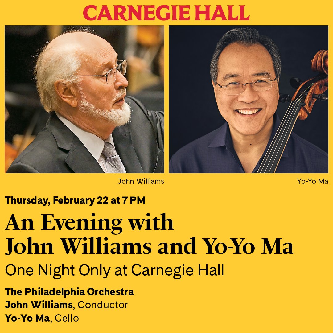 New seats have just been released! Don’t miss out on this one-night-only celebration of legendary composer John Williams at Carnegie Hall with @YoYo_Ma and @philorch. Tickets: bit.ly/3SYOCWV