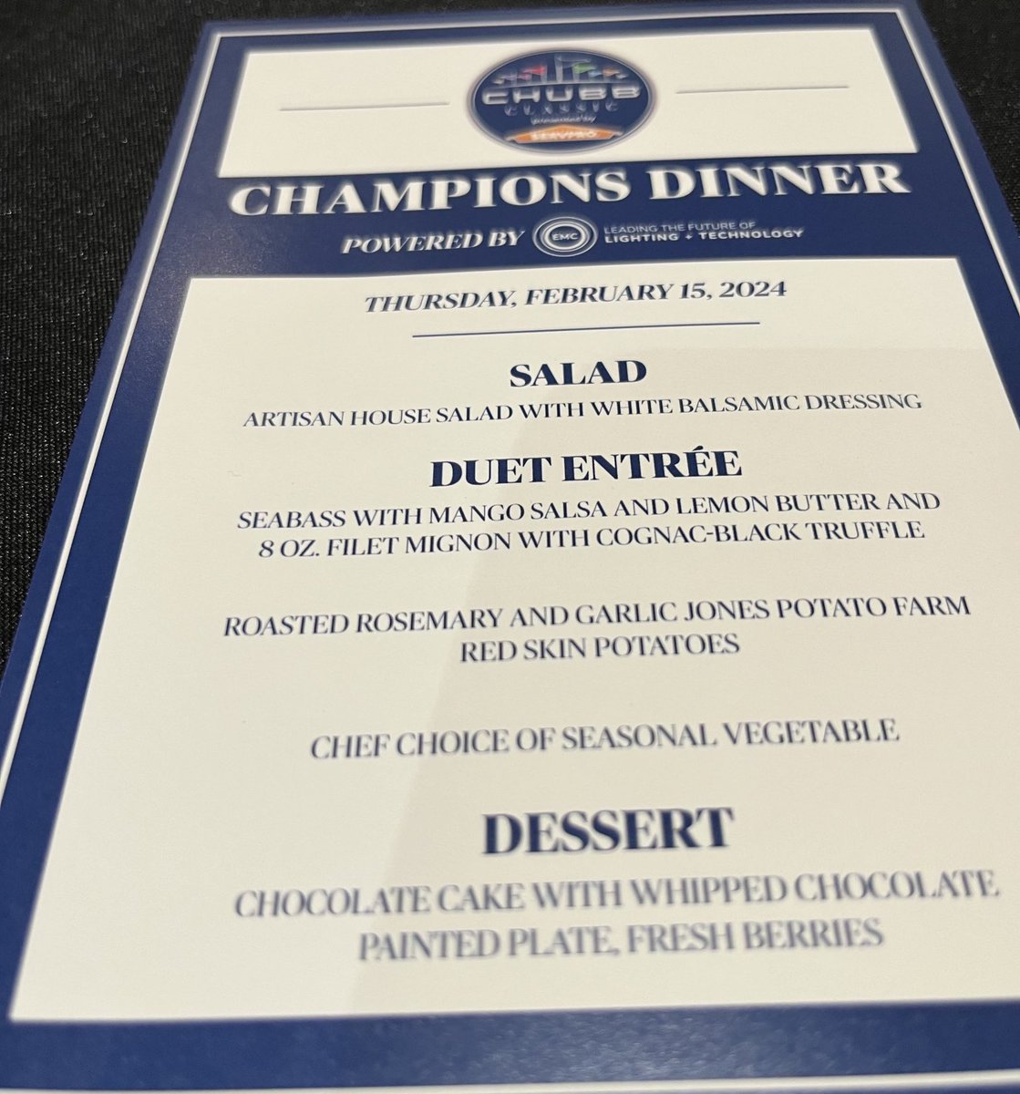 Cool new tradition @ChubbClassic in Naples. Thursday night Champions Dinner. ⁦Five-time winner @BernhardLanger6⁩ unable to attend (doctor’s orders) but did chose the menu. Thanks @chubb, @EMC_Energy, @SERVPRO