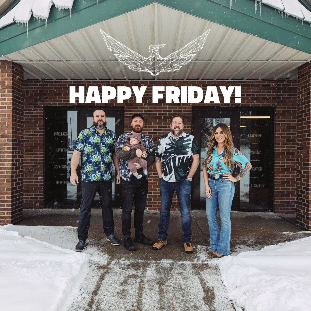 SectorGear1's tweet photo. On Fridays we wear Hawaiian shirts. 💁‍♀️

…Even when it’s snowing! ❄️ 

Happy Friday from the Sector crew + our emotional support baby, Freyja! https://t.co/eGP2YlQGaX