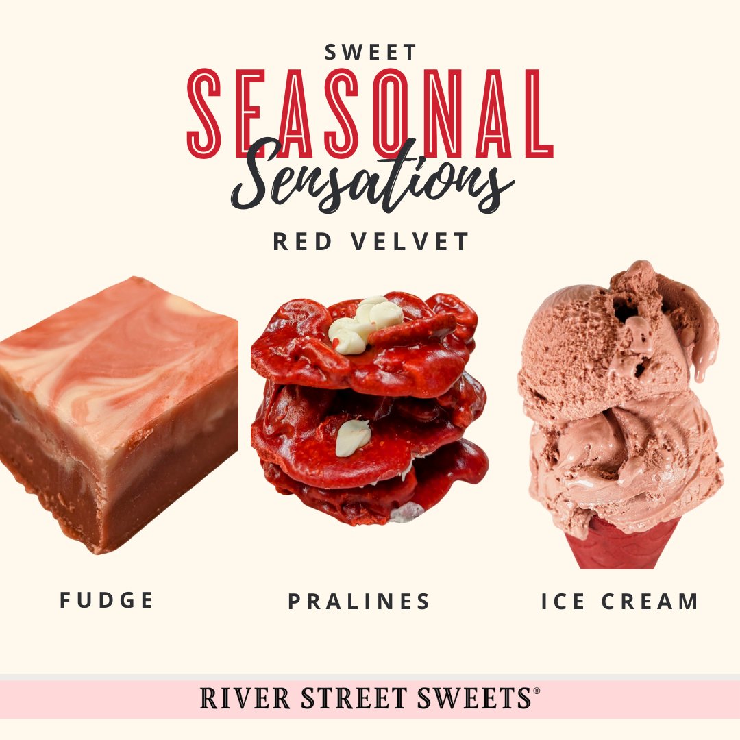 ❤️ Love at first bite: Red Velvet Edition! Fall head over heels for February's Sweet Seasonal Sensations: Red Velvet Fudge, World Famous Pralines® & Ice Cream. 🍰🍫🍦 These handmade treats will leave you swooning! #SpreadJoy 😋✨ #redvelvetdreams