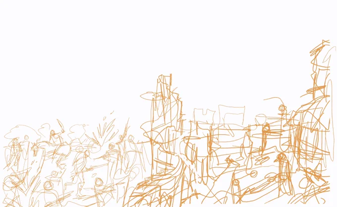 Started this illustrator's nightmare spread that will kill me  weird perspective, historical battle, steampunk, guns, architecture, and of  horses 