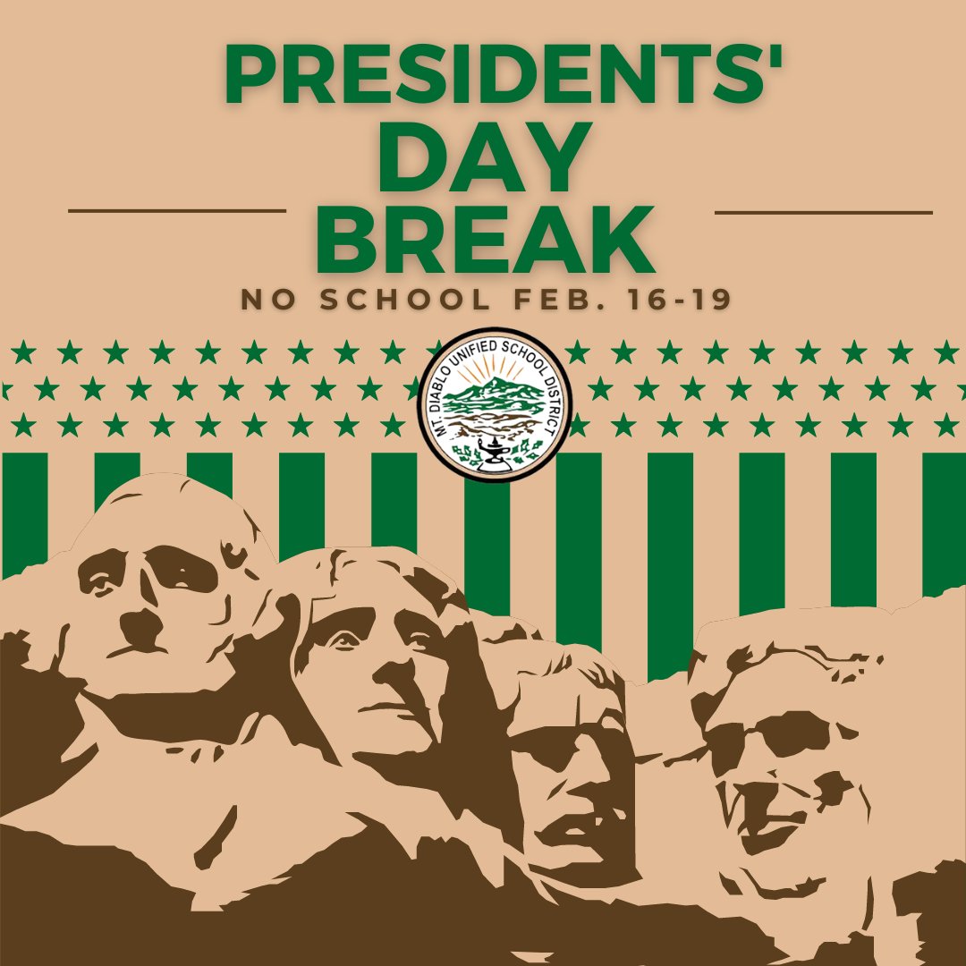 No school in #MDUSD TODAY THROUGH MONDAY, Feb. 16-19 for Presidents' Day Holiday weekend break. District offices are open today, Friday, Feb. 16, but will be closed Monday, Feb. 19 due to the Presidents' Day holiday. Schools and District offices will reopen on Tuesday, Feb. 20.