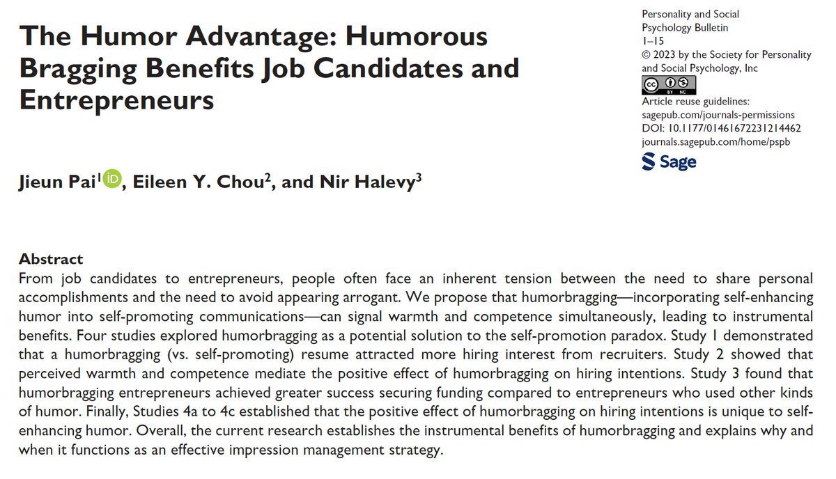 AdamMGrant's tweet image. The best way to show strengths isn't to feign humility. It's to use humor.
6 studies: job applicants & founders are more successful when they joke about their capabilities. "I have a proven track record of turning caffeine input into productivity output."
Humor signals…