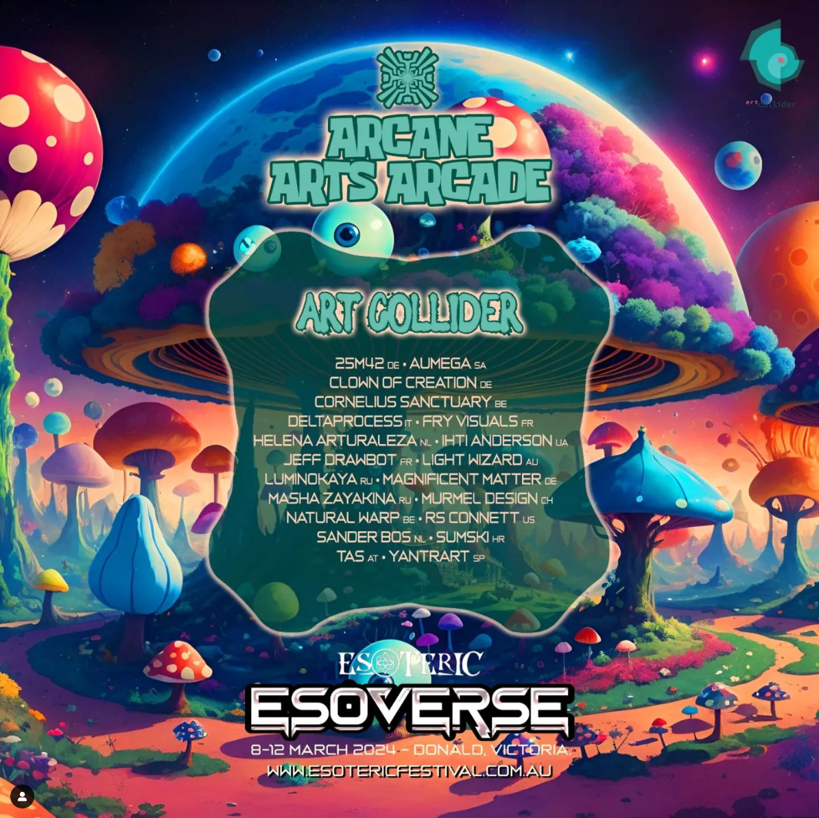 Also in Marsh in AUS , Esoteric Festival &amp; Collider art gallery, you will found a crazy line up of visual artists  ! 

<a href="/luminokaya/">Luminokaya</a> 
<a href="/deltaprocess/">deltaprocess_visuals</a> 
<a href="/25m42_luk/">❄25m42❄</a> 
<a href="/tas_visuals/">TAS Visuals</a> 
<a href="/CorneliusSanct/">Cornelius Sanctuary</a> 
<a href="/stevlightwizard/">Light Wizard</a>
<a href="/Natural_Warp/">Natural Warp</a>    
me  and many mores...🤘