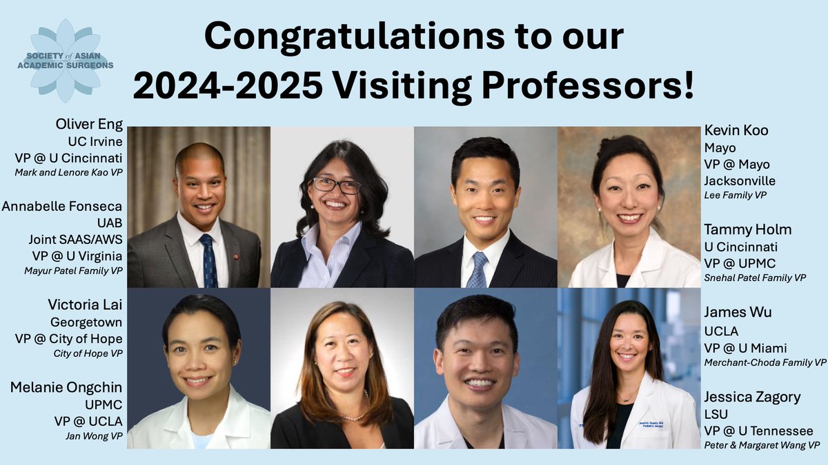 SocAsianAcadSurg (@asianacadsurg) on Twitter photo Congratulations to our 2024-2025 Visiting Professors!
#OliverEng <a href="/UCIrvineSurgery/">UC Irvine Surgery</a>
<a href="/afonsecaMD/">Annabelle Fonseca</a> <a href="/UABSurgery/">UAB Surgery</a>
#VictoriaLai <a href="/GUH_WHCSurgRes/">Georgetown-WHC General Surgery Residency</a>
#MelanieOngchin <a href="/PittSurgery/">Pitt Surgery</a>
<a href="/kvnkoo/">Kevin Koo</a> <a href="/MayoUrology/">Mayo Clinic Urology</a>
<a href="/TammyHolmMDPhD/">Tammy Holm MD, PhD</a> <a href="/cincysurgery/">UC General Surgery Residents</a>
<a href="/JamesWuMD/">James Wu</a> <a href="/UCLASurgeryRes/">UCLA General Surgery Residency Program</a>
<a href="/jessicazagory/">Jessica Zagory, MD</a> <a href="/LSUGenSurgery/">LSU General Surgery Residency</a> Congratulations to our 2024-2025 Visiting Professors!
#OliverEng <a href="/UCIrvineSurgery/">UC Irvine Surgery</a>
<a href="/afonsecaMD/">Annabelle Fonseca</a> <a href="/UABSurgery/">UAB Surgery</a>
#VictoriaLai <a href="/GUH_WHCSurgRes/">Georgetown-WHC General Surgery Residency</a>
#MelanieOngchin <a href="/PittSurgery/">Pitt Surgery</a>
<a href="/kvnkoo/">Kevin Koo</a> <a href="/MayoUrology/">Mayo Clinic Urology</a>
<a href="/TammyHolmMDPhD/">Tammy Holm MD, PhD</a> <a href="/cincysurgery/">UC General Surgery Residents</a>
<a href="/JamesWuMD/">James Wu</a> <a href="/UCLASurgeryRes/">UCLA General Surgery Residency Program</a>
<a href="/jessicazagory/">Jessica Zagory, MD</a> <a href="/LSUGenSurgery/">LSU General Surgery Residency</a>
