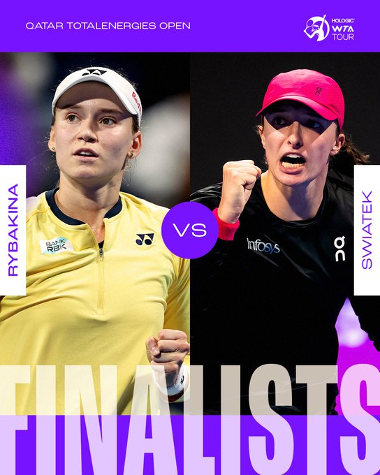 Graphic showing the two finalists at the 2024 Qatar TotalEnergies Open in Doha featuring Elena Rybakina vs. Iga Swiatek.
