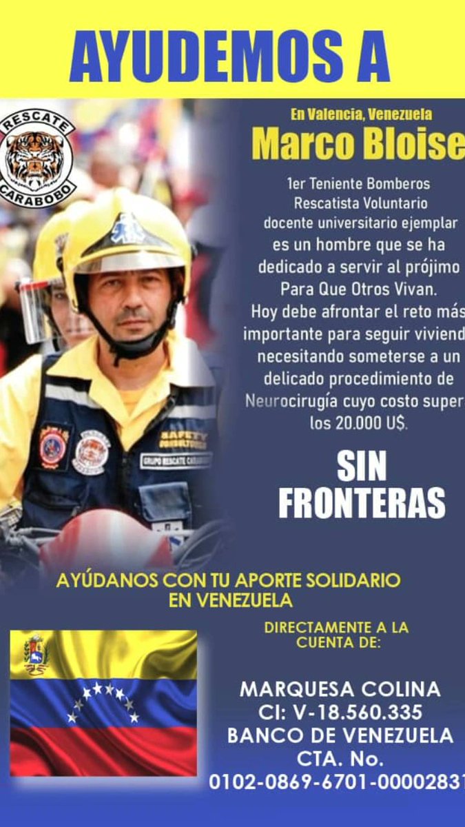 rescatecarabobo's tweet image. Con tu aporte estarás ayudando a salvar la vida de alguien que ha salvado a muchos. 
Apóyanos en esta campaña para ayudar a uno de los mejores rescatistas de Venezuela.