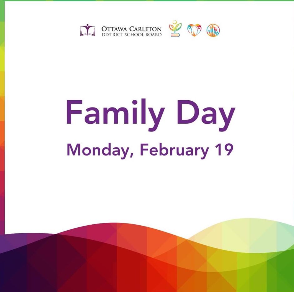 A reminder that Family Day is Monday, February 19, 2024. There will be no school for elementary or secondary students on this day, and schools and administrative sites will be closed. Wishing our OCDSB community a happy Family Day!