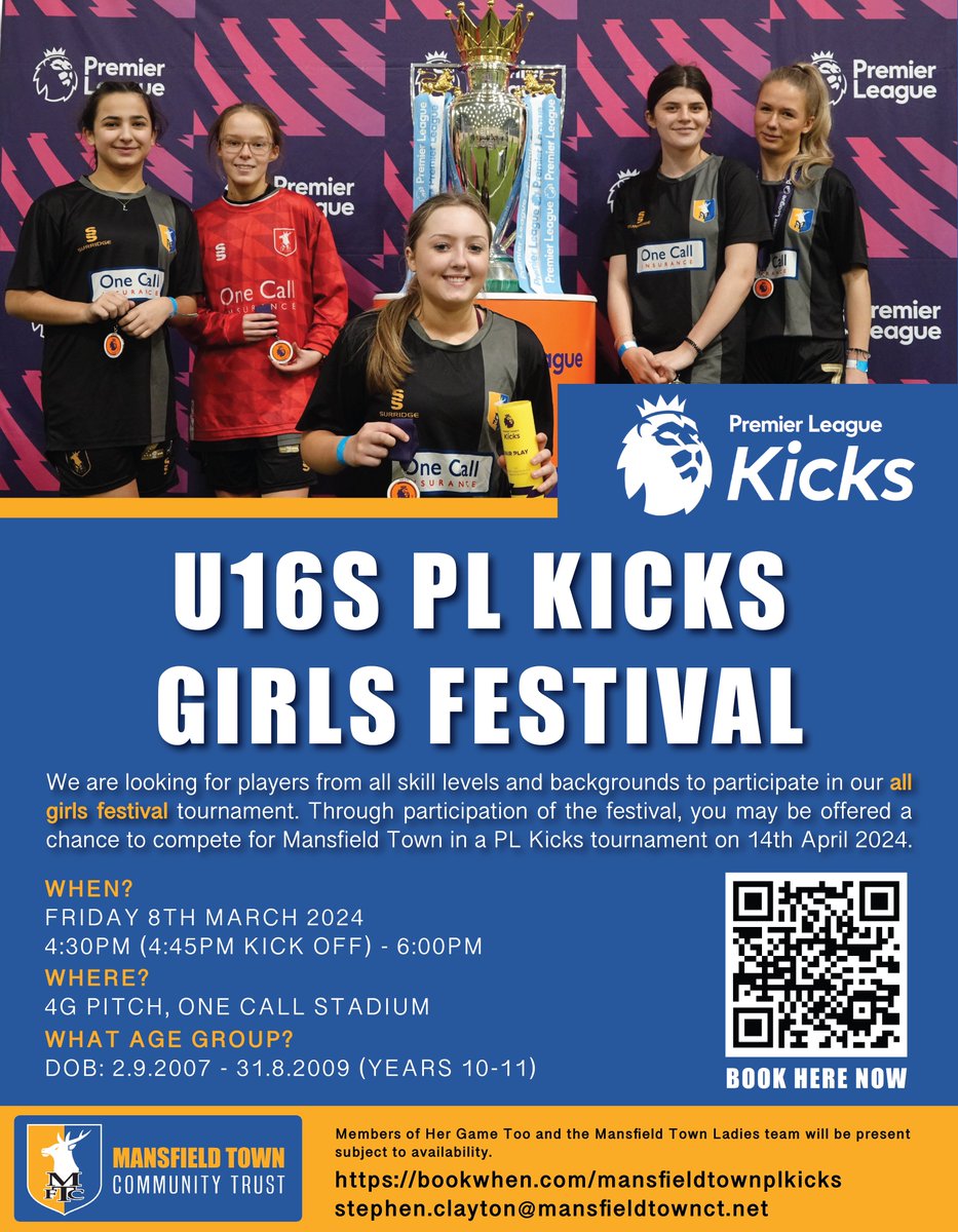 MTFC_CT's tweet photo. We are delighted to share that we will be hosting a U16s Premier League Girls festival at the One Call Stadium, on the 8th March 2024.

Through participation, participants may be offered a chance to compete for Mansfield Town in an upcoming #PLKicks tournament 

#Stags https://t.co/WuHl9FdntZ