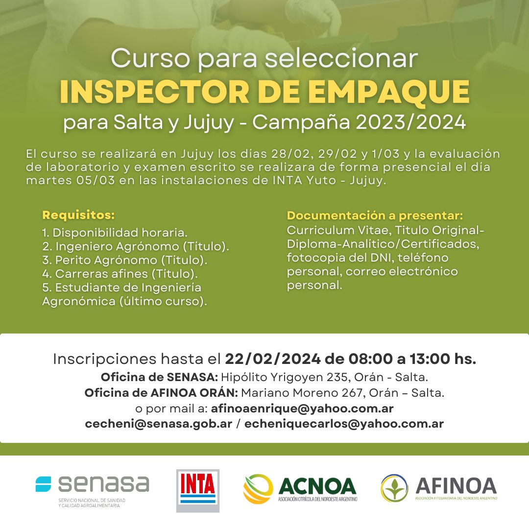 Acnoacitrus's tweet photo. Ya se encuentran abiertas las inscripciones para el curso de Inspector de Empaque para Salta y Jujuy para la campaña 2023/2024.
Tenés tiempo hasta el 22/02!!
#afinoa #SENASA #campañacitricola #empaque https://t.co/fz2Ro6dALv