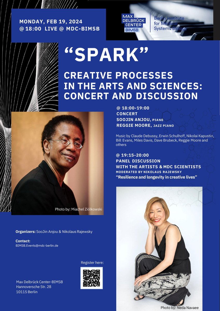 We invite you to the next instalment of 'Spark: creative processes in the arts and sciences,' with pianist SooJin Anjou and jazz musician Reggie Moore at #mdcBerlin | @BIMSB_MDC on Monday, February 19th: mdc-berlin.de/de/news/events… About 'Spark': mdc-berlin.de/news/news/elem… @N_Rajewsky