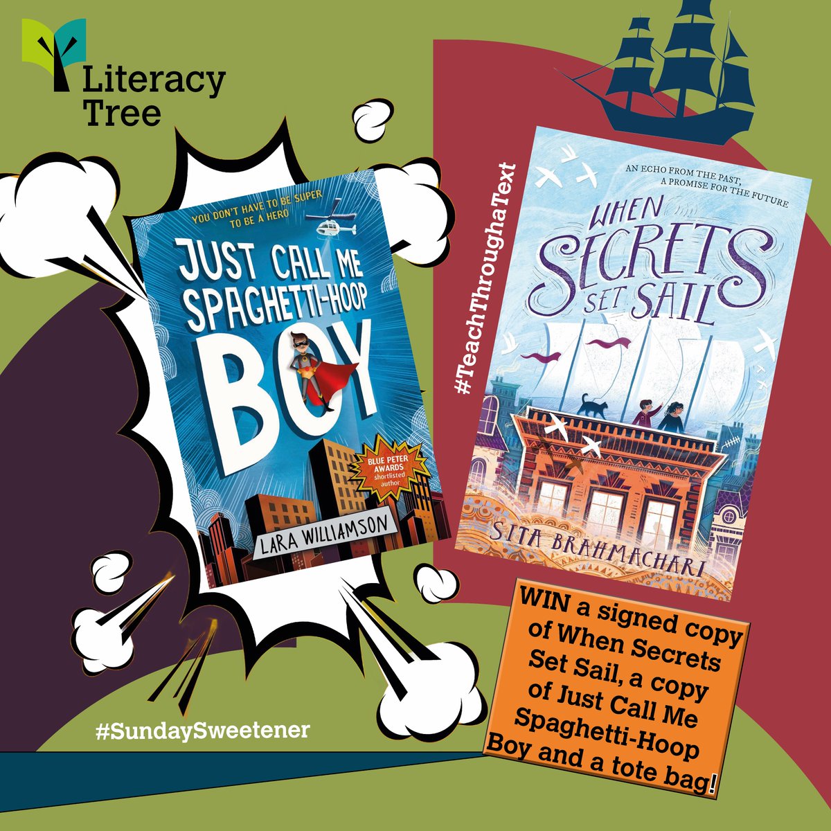 theliteracytree's tweet image. ✨Our #SundaySweetener this week is for a copy of When Secrets Set Sail, by Sita Brahmachari, AND a copy of Just Call me Spaghetti Hoop Boy, by Lara Williamson. 🥰Repost and tag a friend in for an extra entry. Must be following. Will announce winner after 9pm.