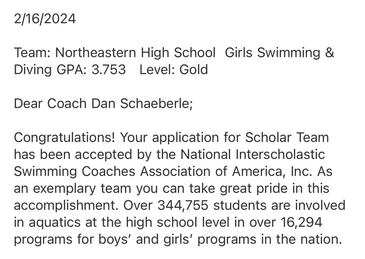 Extremely proud of these accomplishments!  Girls team has been accepted at the Gold Level for the 2024 NISCA Scholar Team with a team GPA of 3.753 and the boys have been accepted at the Silver Level with a team GPA of 3.650.