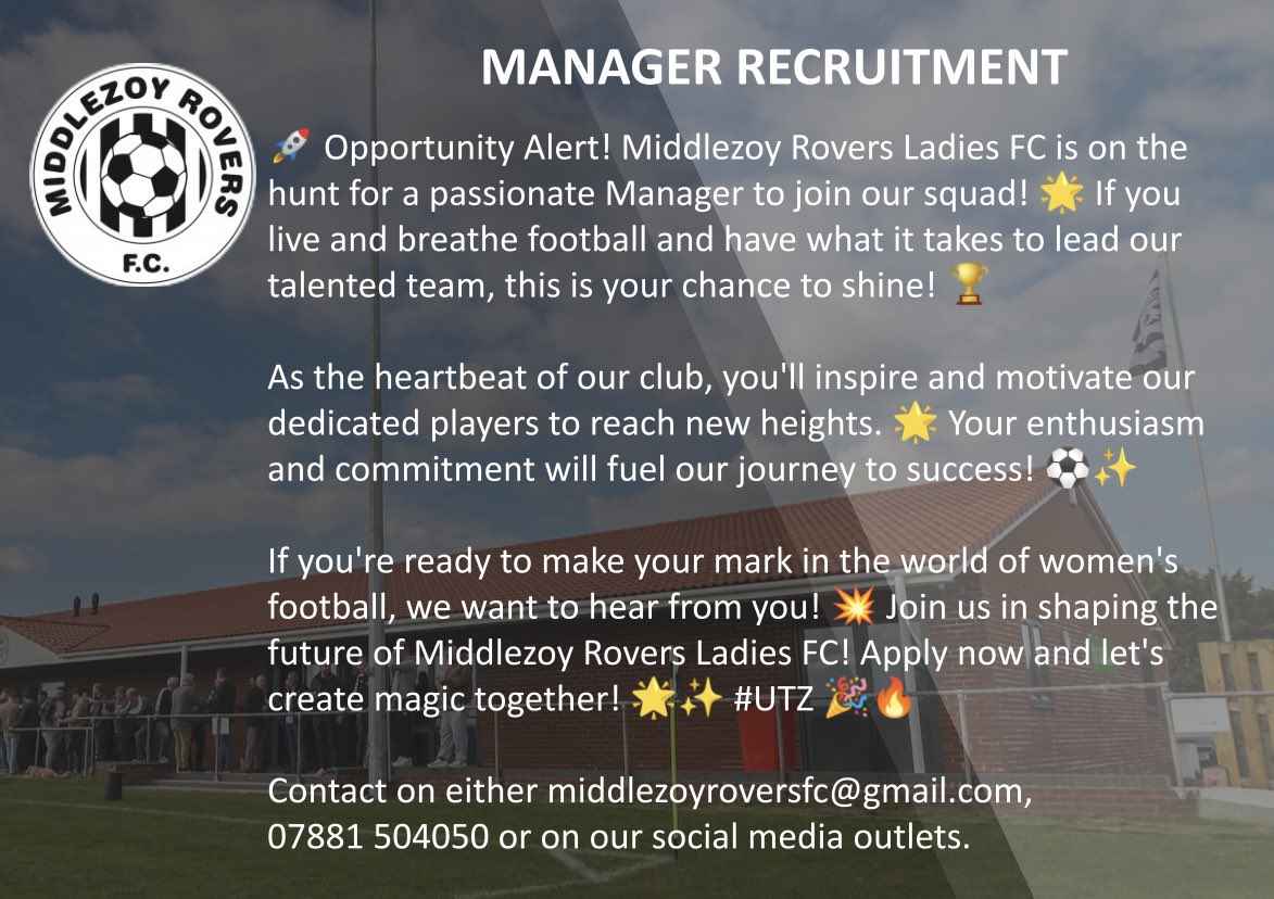 ⚽️⚽️We are looking for a new manager of our promising Ladies team. Please get in contact ⚽️⚽️
